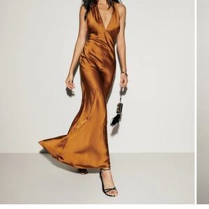 Reformation Copper Satin Backless Gown